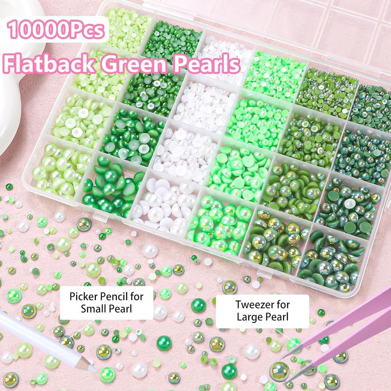 Cynailli Green Flatback Pearls for Crafting, 3/4/6/8mm Flatback Nail Pearls for Nails Art, Half Round ABS Green White Pearl Beads Gems for Nails Art DIY Crafting Face Hair Manicure DIY - Image 3
